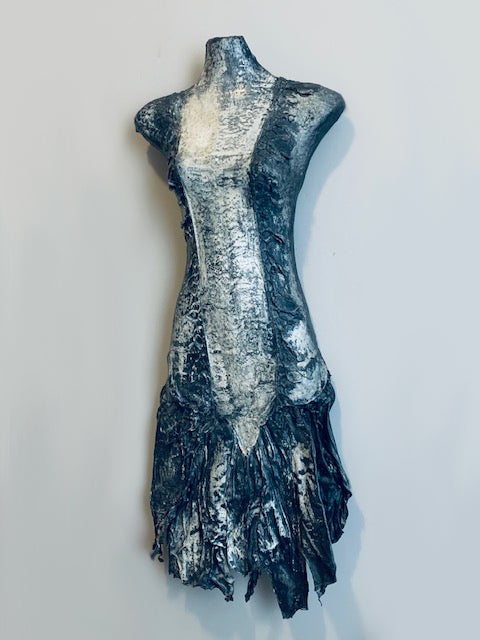 Blue and silver sculptural dress created by Lorraine Delangis